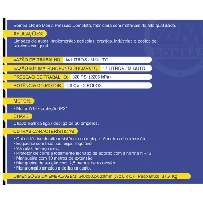 Lavadora de Média Pressão ZM LR-14 1 CV 14 L/min com Carrinho 127/220V